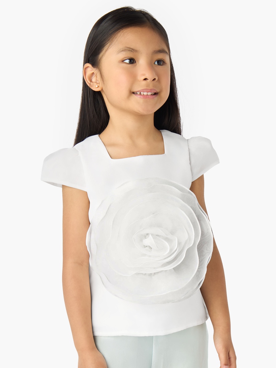Square Neck Short Sleeves Top with Floral Applique
