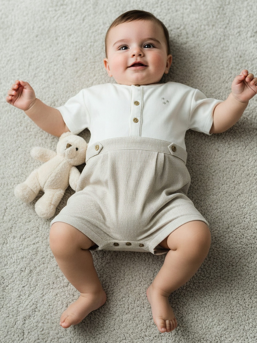 Henley Neck Short Sleeves Romper with Star Embroidered