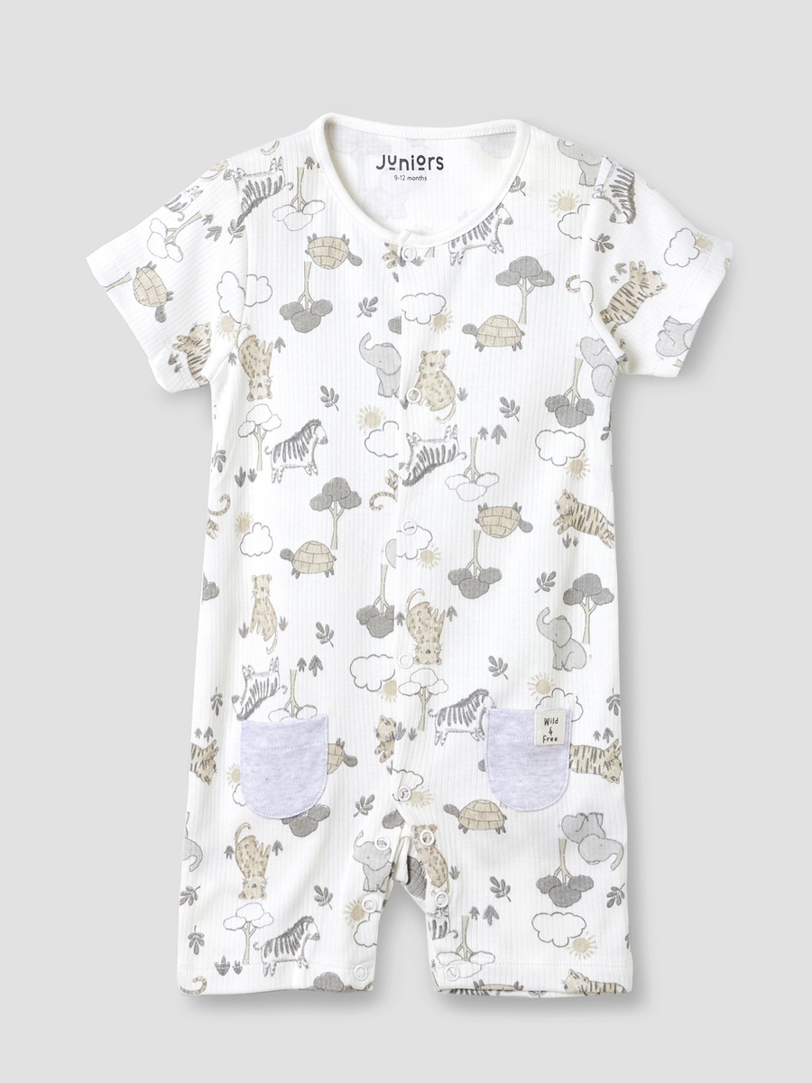 Crew Neck Cotton Romper with Animal Print and Short Sleeves