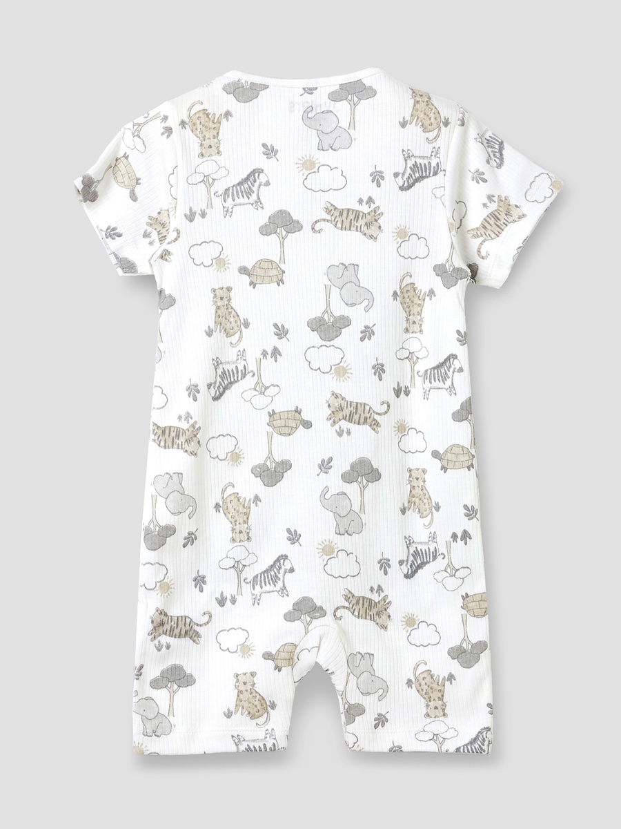 Crew Neck Cotton Romper with Animal Print and Short Sleeves