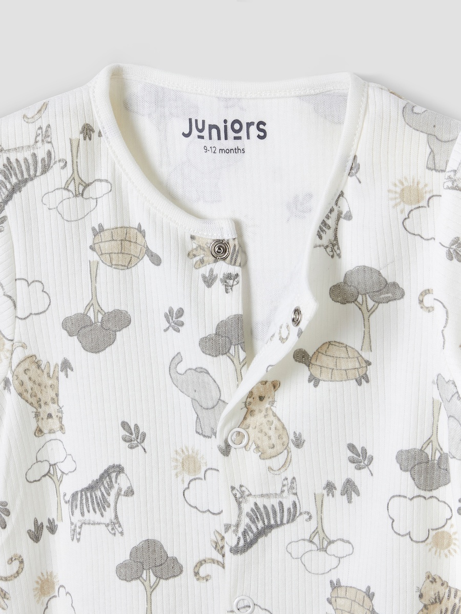 Crew Neck Cotton Romper with Animal Print and Short Sleeves