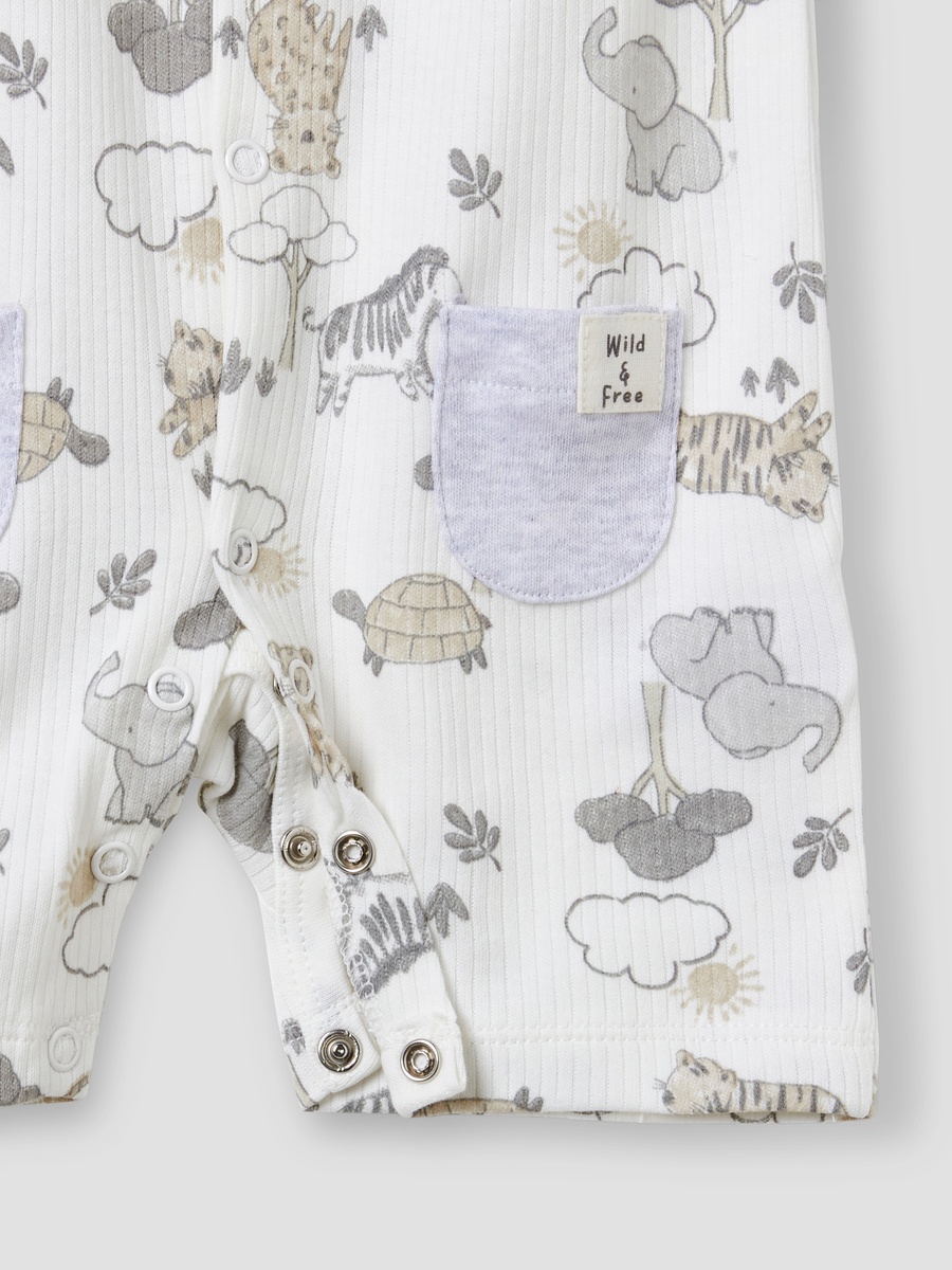 Crew Neck Cotton Romper with Animal Print and Short Sleeves