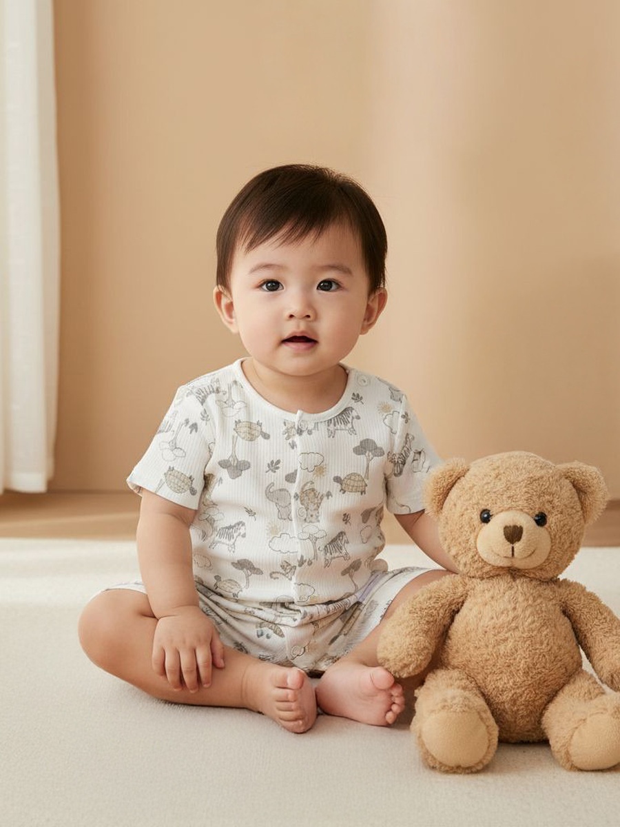 Crew Neck Cotton Romper with Animal Print and Short Sleeves