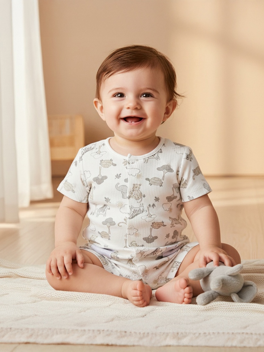 Crew Neck Cotton Romper with Animal Print and Short Sleeves
