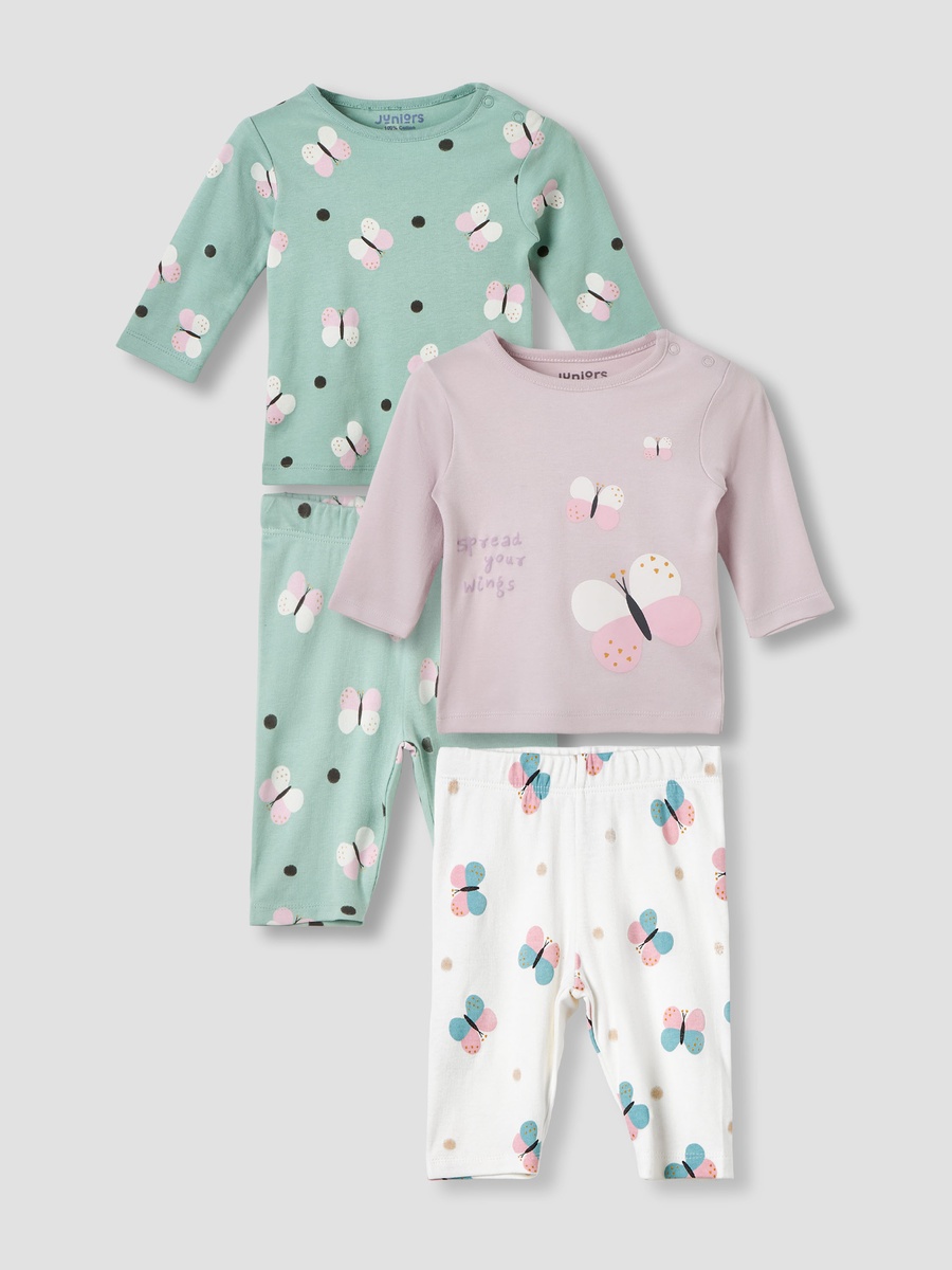 Set of 2 Cotton Long Sleeve Pyjama Set with Butterfly Print