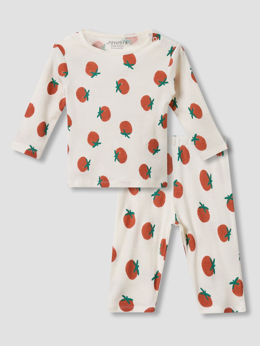 Cotton Round Neck Long Sleeves Pyjama Set with Tomato Print