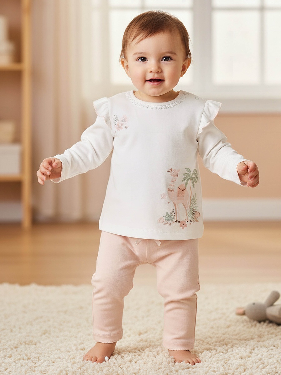 Cotton Long Sleeves Pyjama Set with Camel Glitter Print
