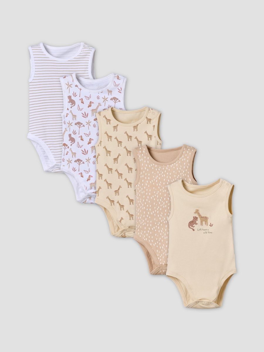 Pack of 5 Cotton Round Neck Sleeveless Bodysuit with Giraffe Print