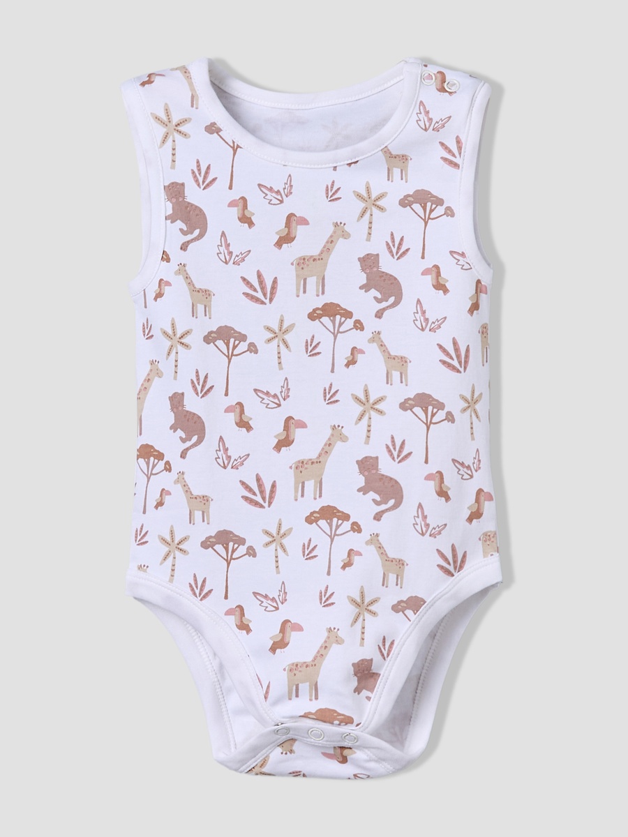 Pack of 5 Cotton Round Neck Sleeveless Bodysuit with Giraffe Print
