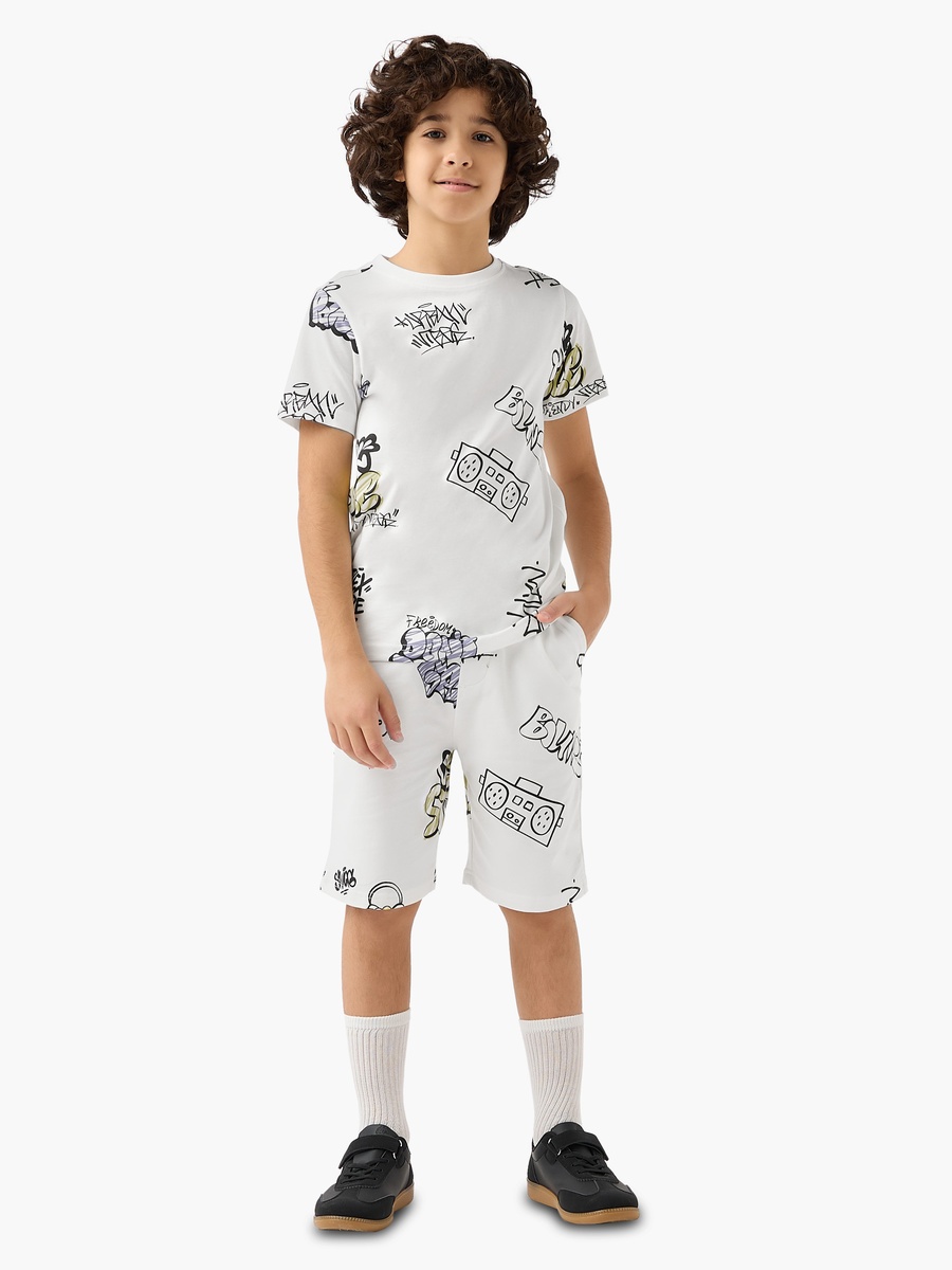 Elasticated Drawstring Shorts with Graffiti Print