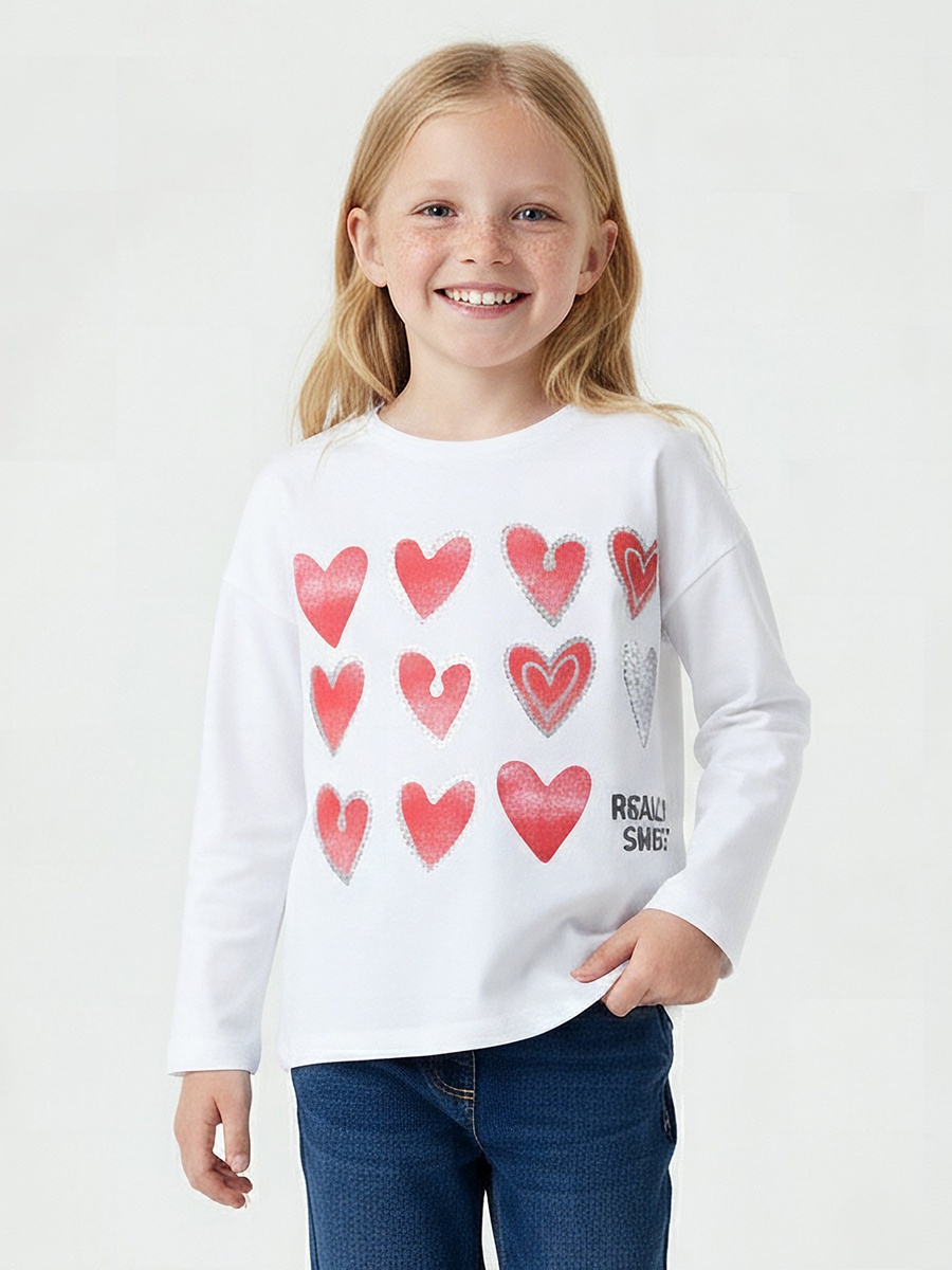 Crew Neck Long Sleeves T-Shirt with Heart Print