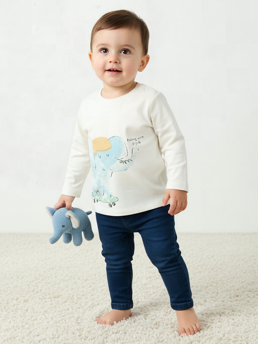 Crew Neck Long Sleeves T-Shirt with Elephant Print