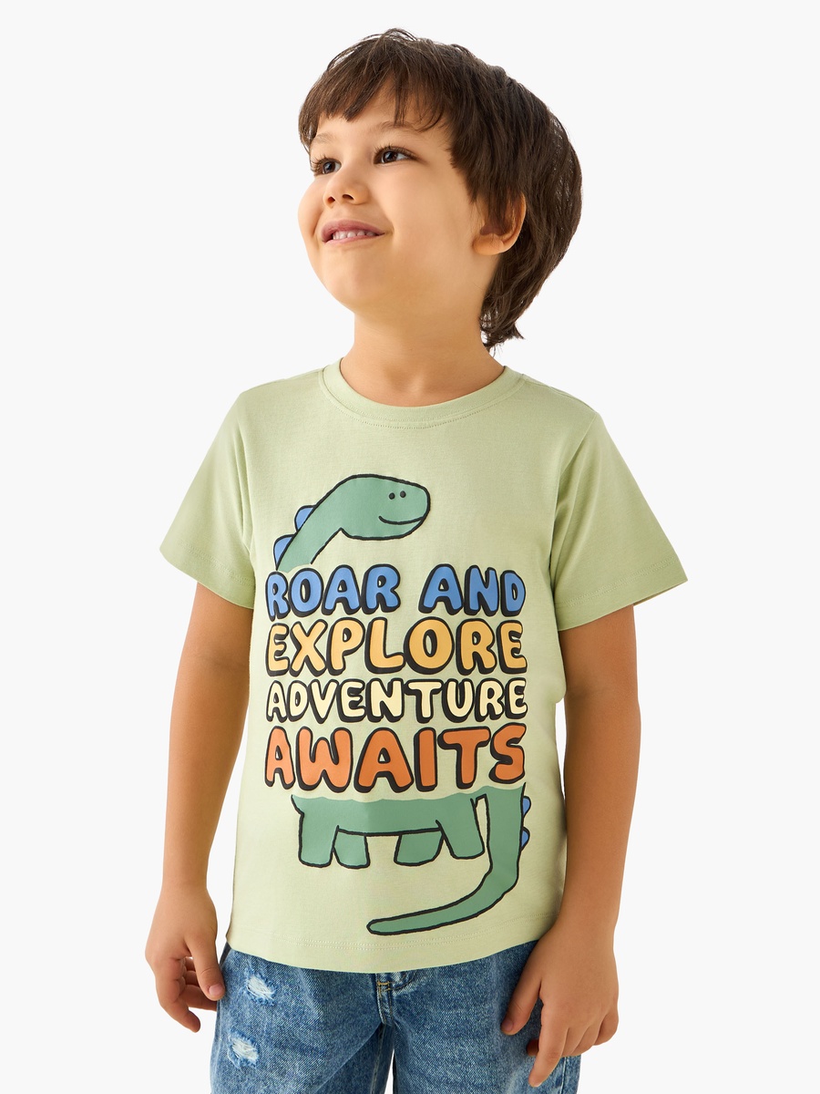 Crew Neck Short Sleeve T-Shirt with Dinosaur Print