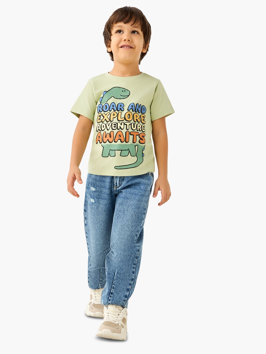 Crew Neck Short Sleeve T-Shirt with Dinosaur Print