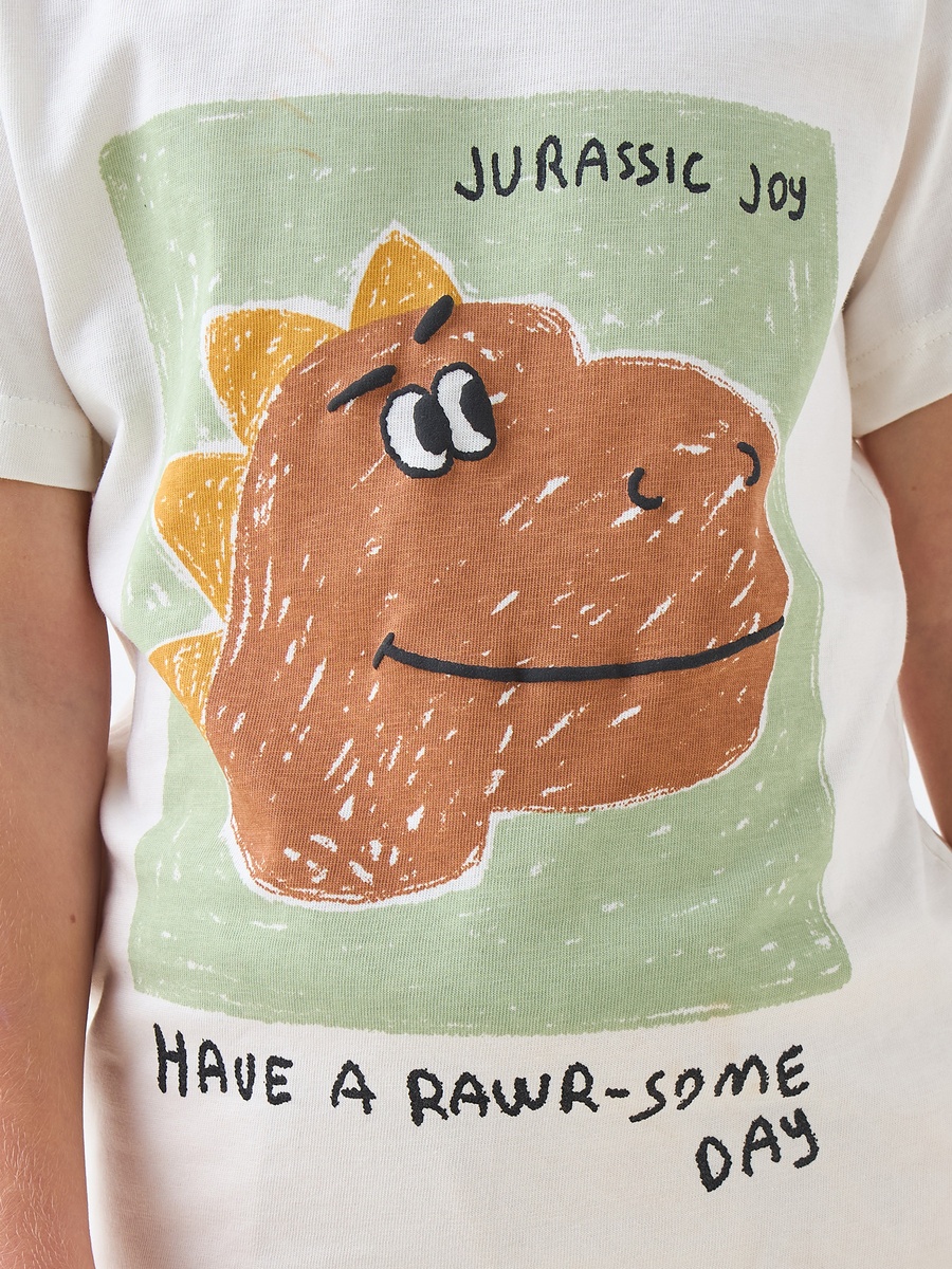 Crew Neck Short Sleeves T-Shirt with Dino Print