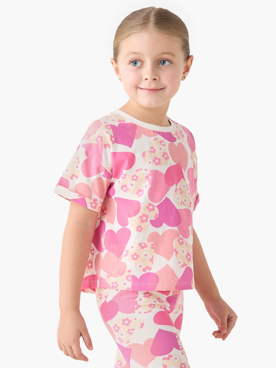Crew Neck Short Sleeves T-Shirt with Heart Print