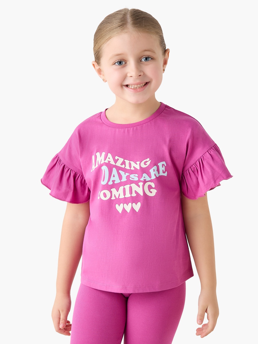 Crew Neck Short Ruffle Sleeves T-Shirt with Slogan Print