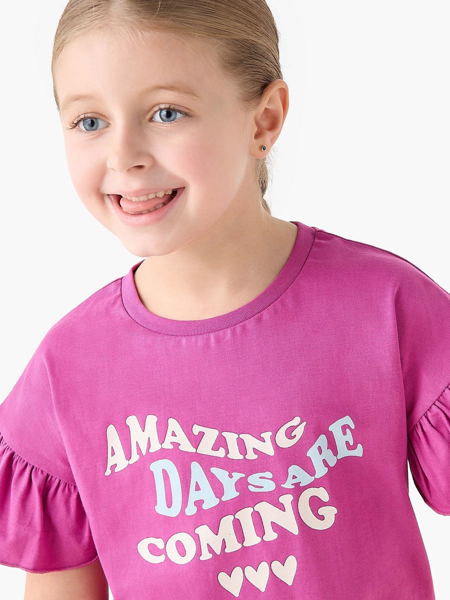 Crew Neck Short Ruffle Sleeves T-Shirt with Slogan Print