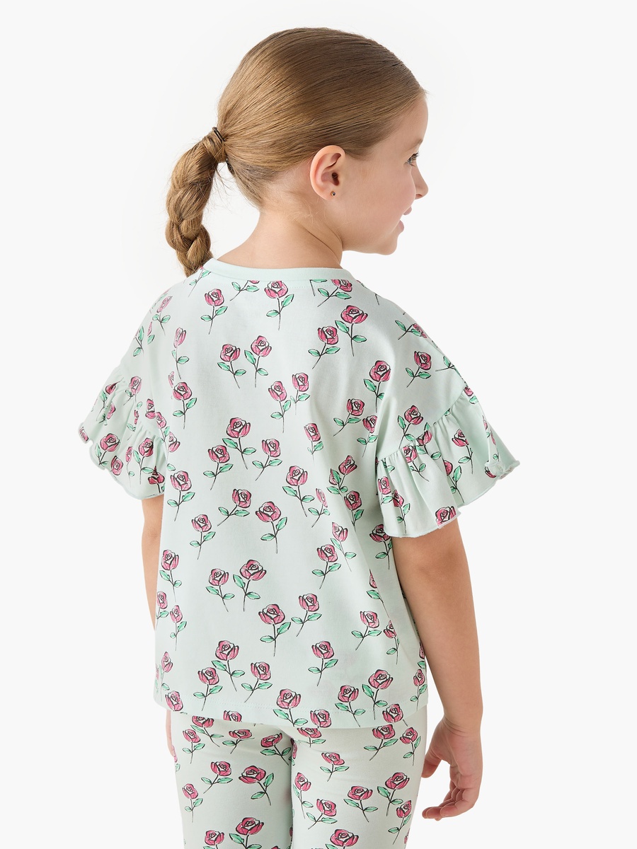 Crew Neck Short Ruffle Sleeves T-Shirt with Floral Print