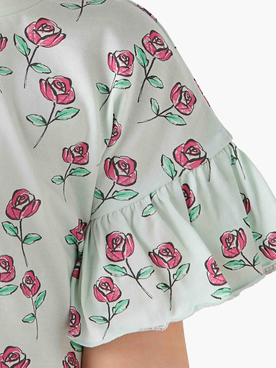 Crew Neck Short Ruffle Sleeves T-Shirt with Floral Print