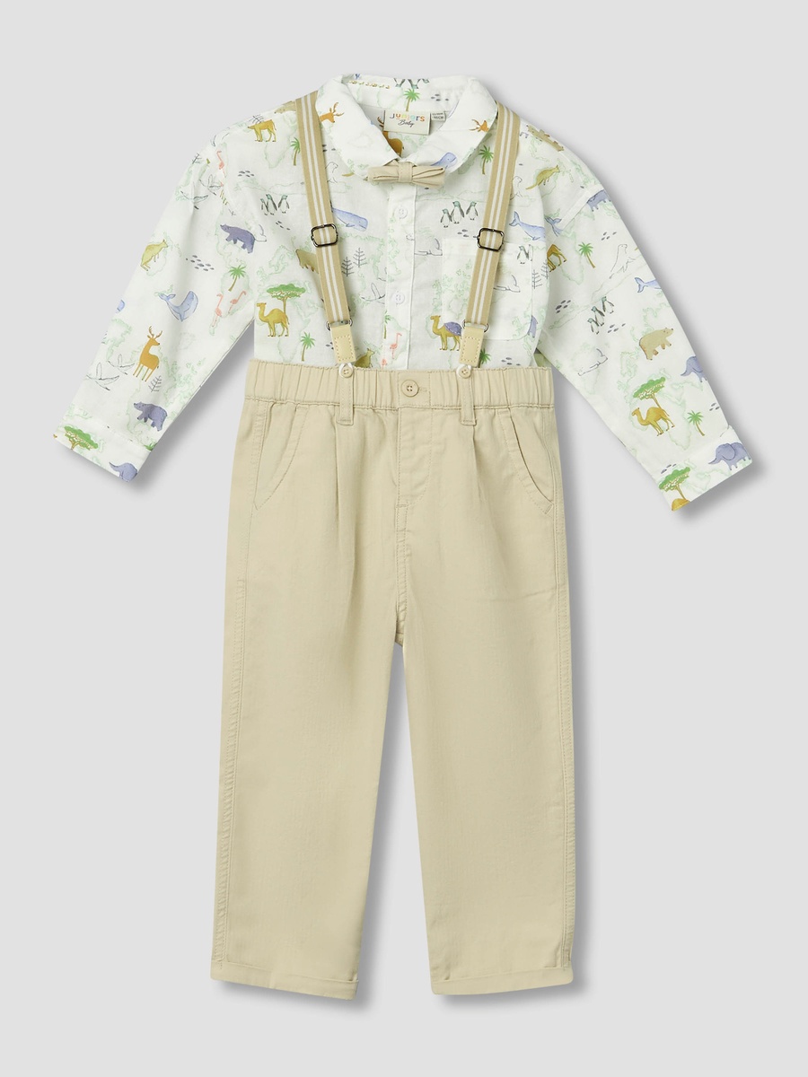 Collared Neck Long Sleeves Shirt and Pants Set with Suspenders