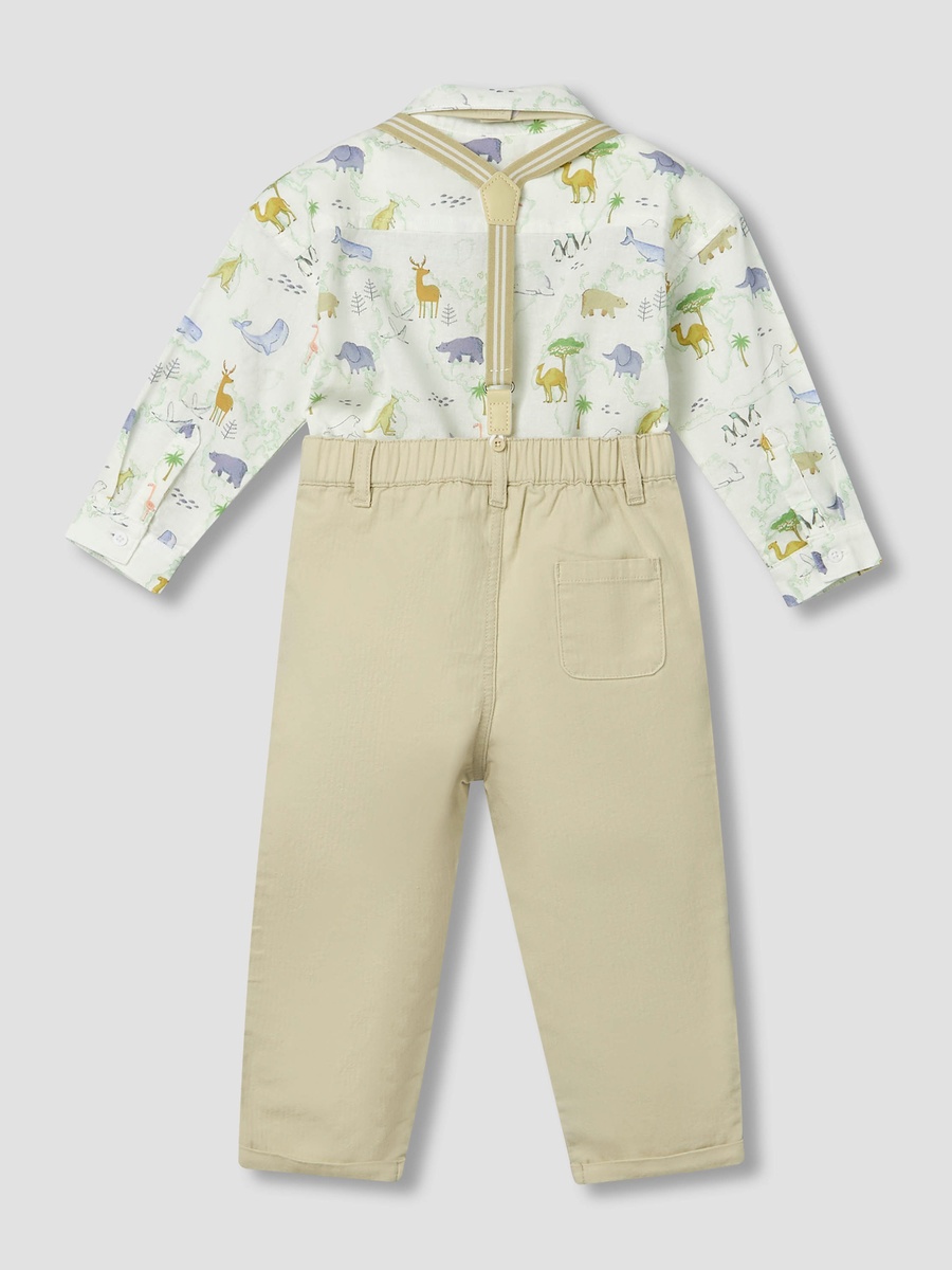 Collared Neck Long Sleeves Shirt and Pants Set with Suspenders