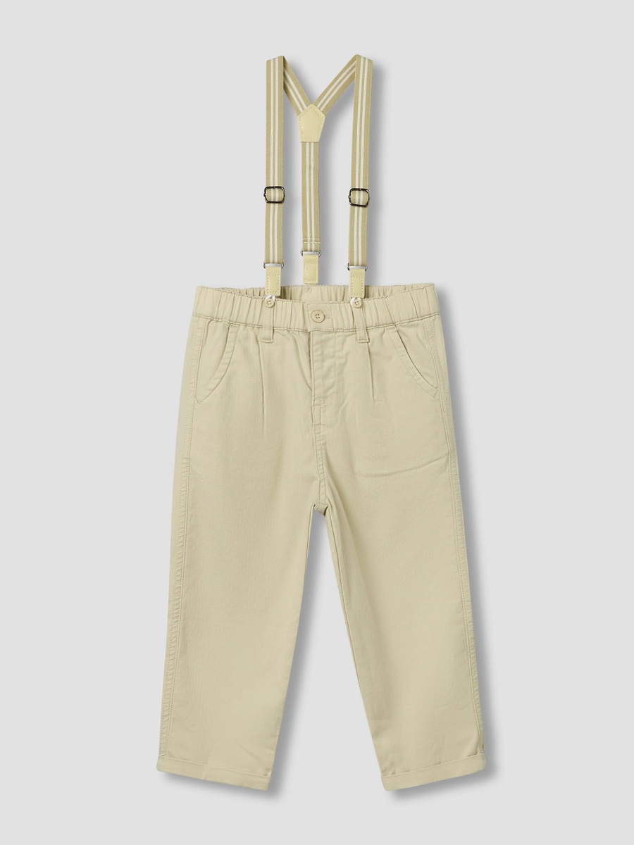 Collared Neck Long Sleeves Shirt and Pants Set with Suspenders