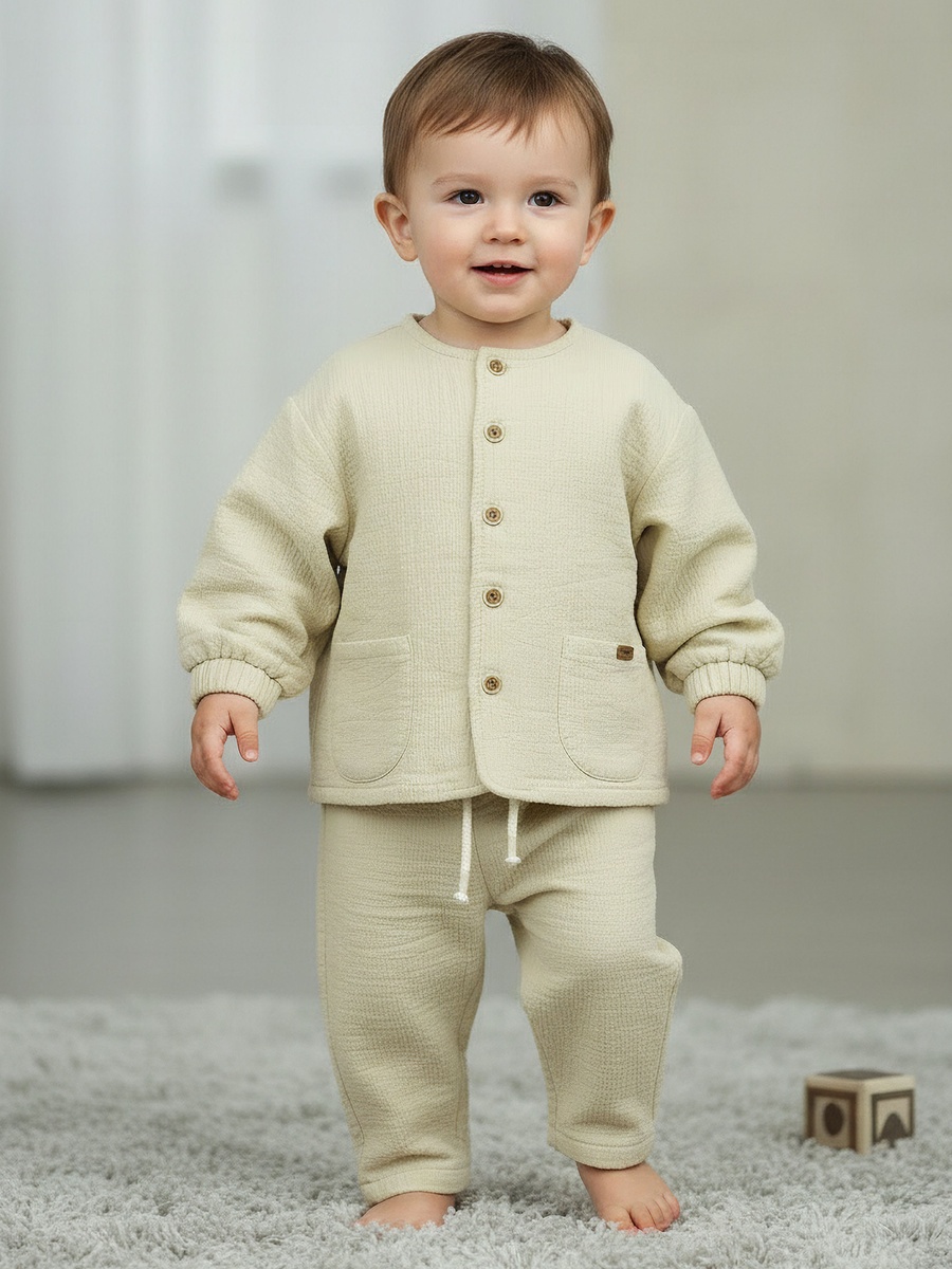 Crew Neck Long Sleeves Top and Pants Set with Textured Design