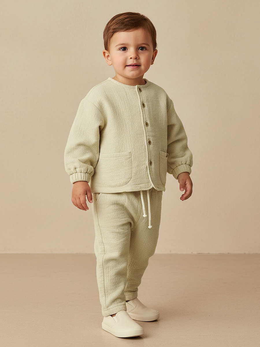 Crew Neck Long Sleeves Top and Pants Set with Textured Design