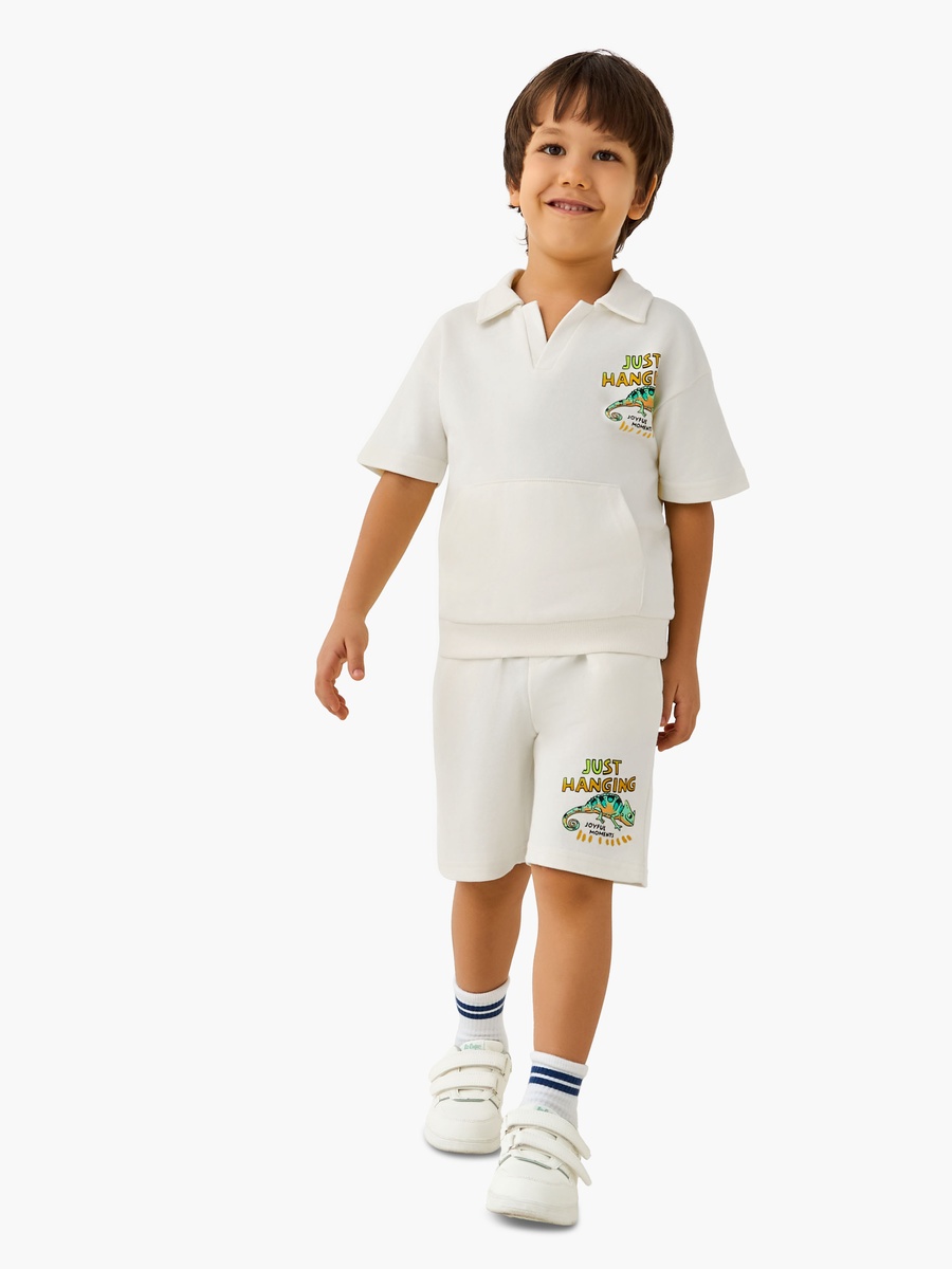 Collared Neck Short Sleeve Polo T-Shirt and Shorts Set with Chameleon Print