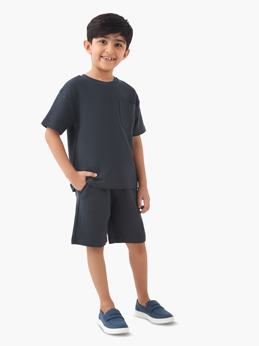 Cotton Crew Neck T-Shirt and Shorts Set with Textured Detail