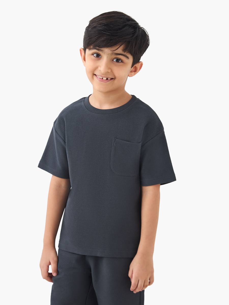 Cotton Crew Neck T-Shirt and Shorts Set with Textured Detail