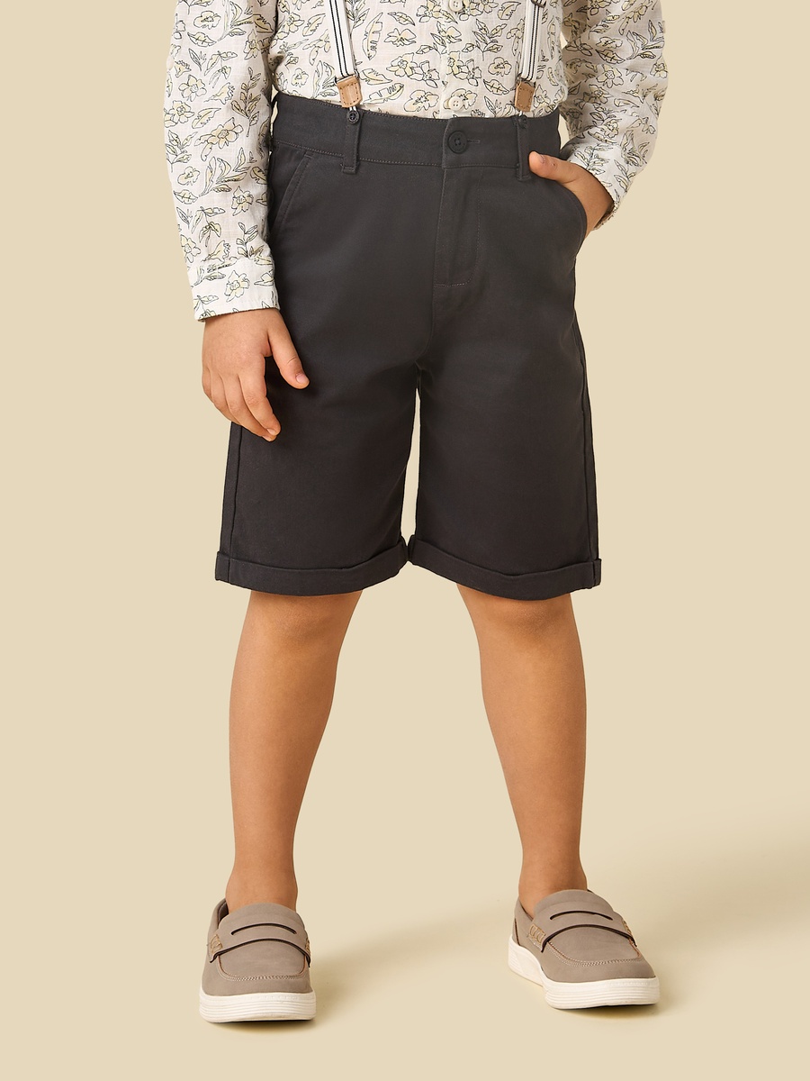Collared Long Sleeves Shirt and Shorts Set with Suspender Detail