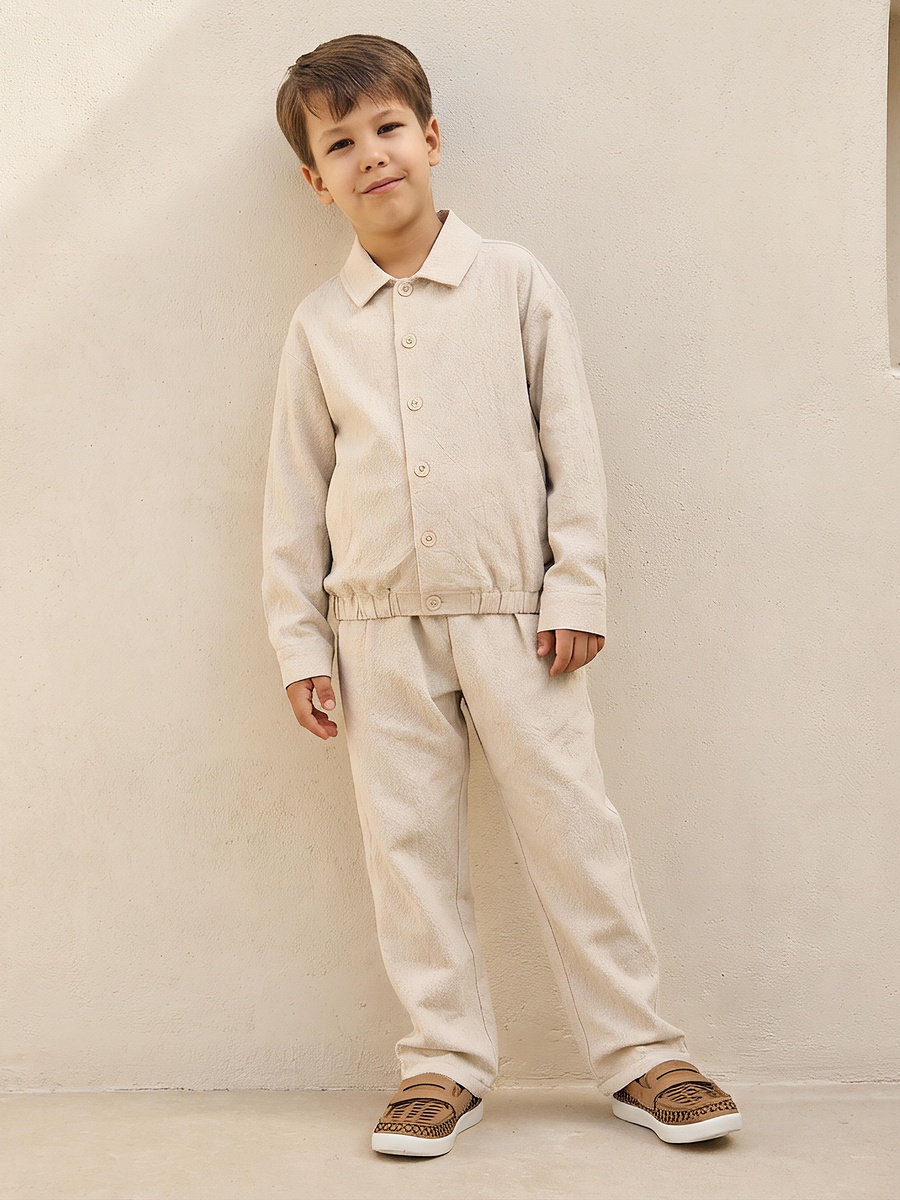Collared Long Sleeves Shirt and Trousers Set with Textured Design