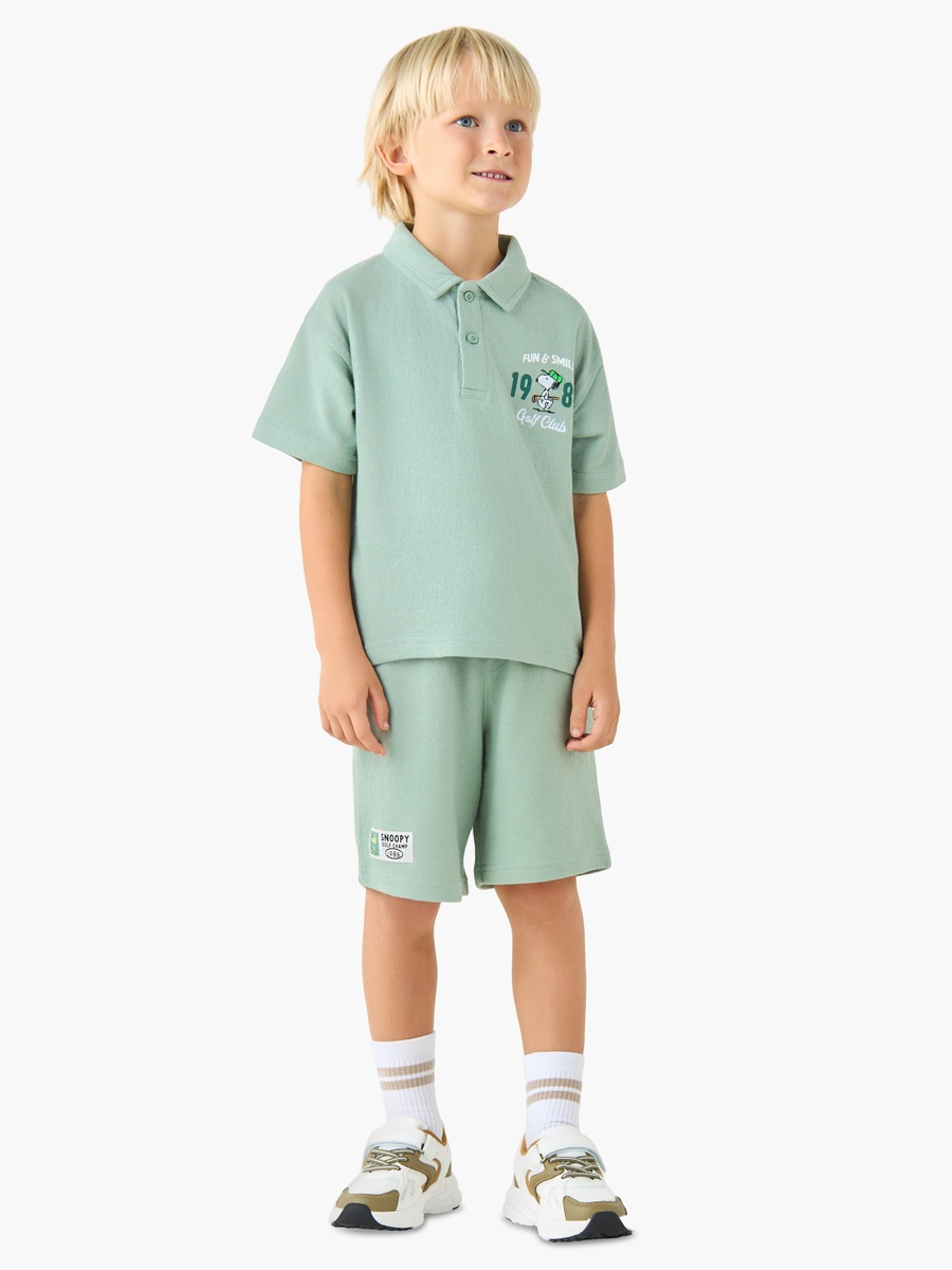 Polo Collar Short Sleeves T-Shirt and Shorts Set with Peanuts Print