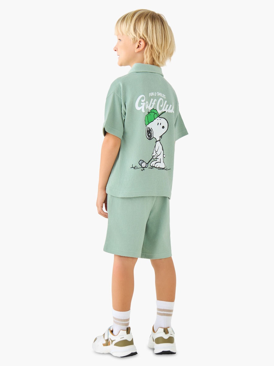 Polo Collar Short Sleeves T-Shirt and Shorts Set with Peanuts Print
