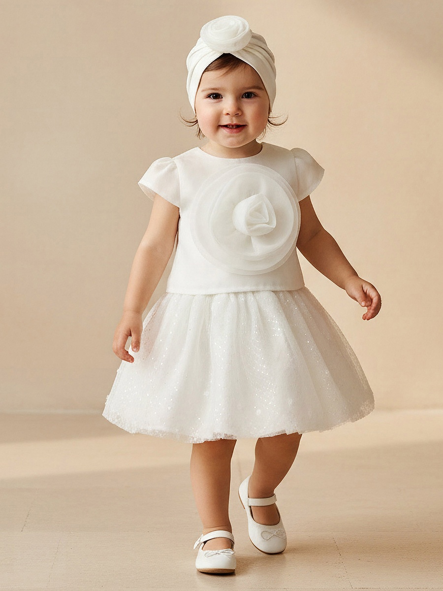 Crew Neck Short Sleeves Top and Skirt with Turban Cap