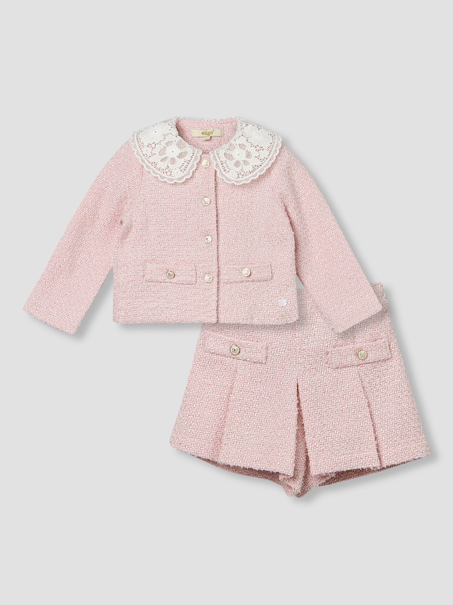 Peter Pan Collar Long Sleeves Cardigan Jacket and Shorts Set with Textured Design
