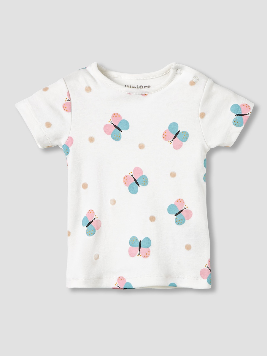 Round Neck Short Sleeves T-Shirt and Dungaree Set with Butterfly Print