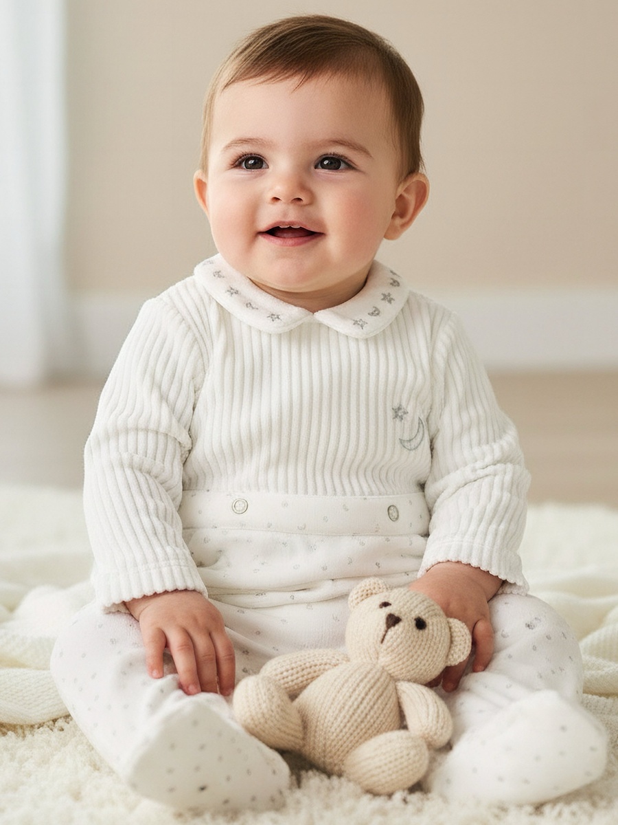 Peter Pan Collar Long Sleeves Sleepsuit with Star and Moon Embroidery