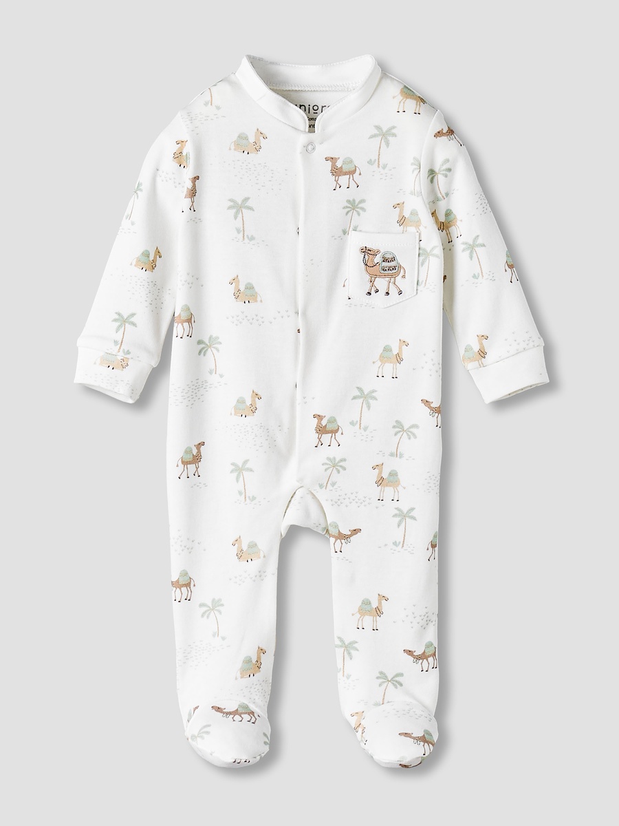 Cotton Mandarin Collar Long Sleeves Sleepsuit with Camel Print