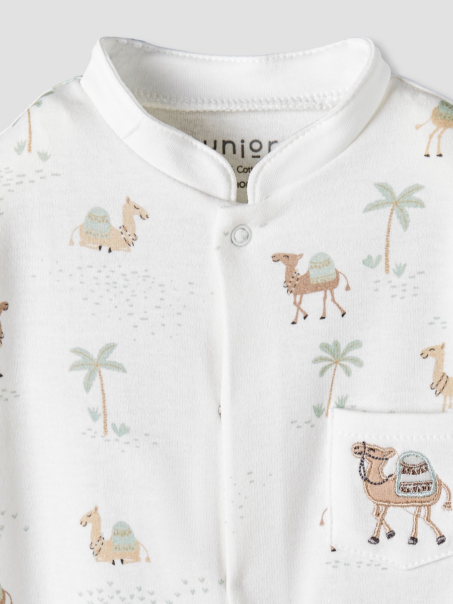 Cotton Mandarin Collar Long Sleeves Sleepsuit with Camel Print
