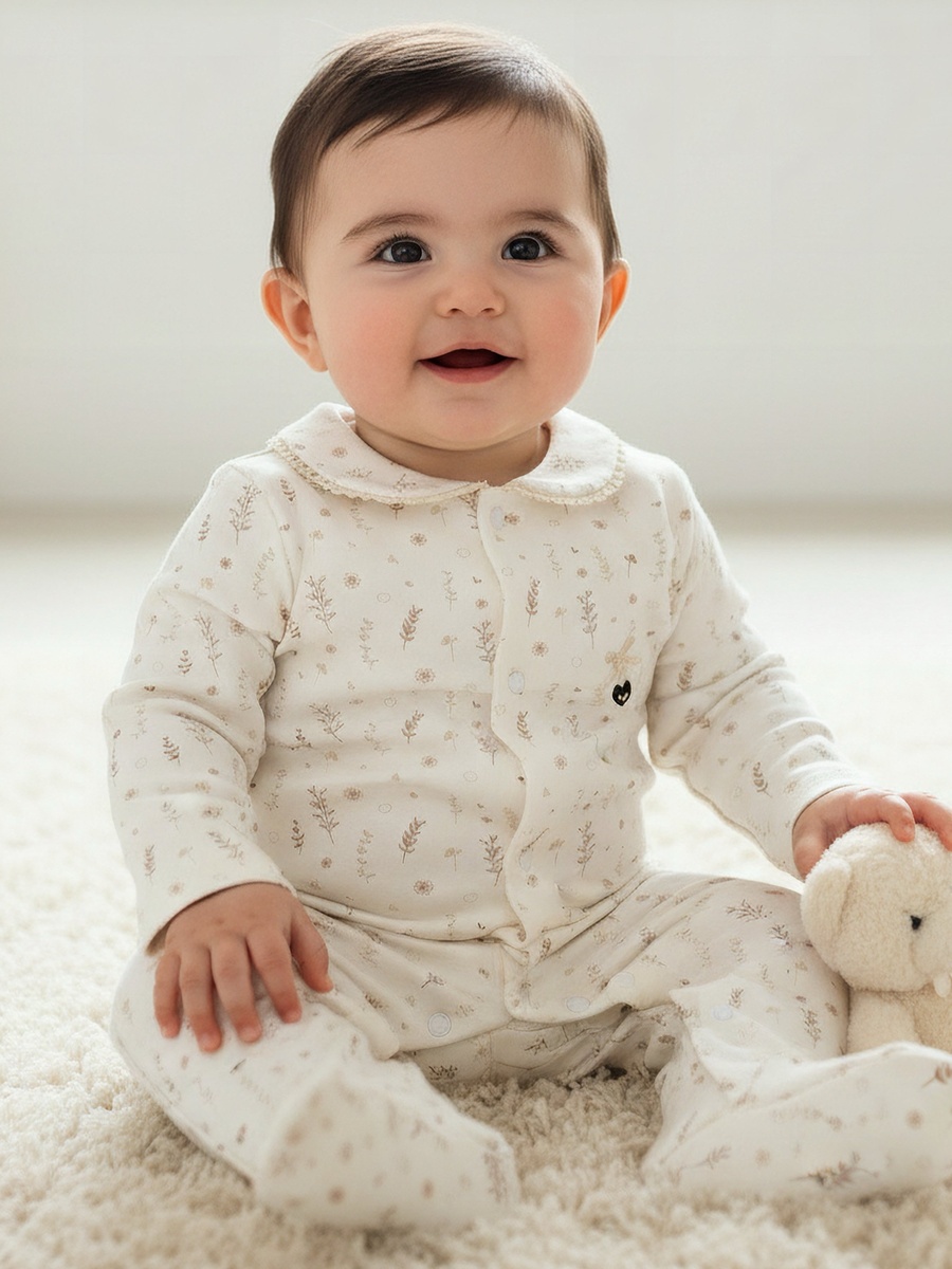 Supima Cotton Peter Pan Collar Long Sleeves Sleepsuit with Floral Print