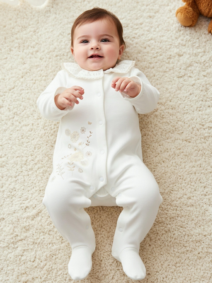 Supima Cotton Collar Long Sleeves Sleepsuit with Floral Embroidery