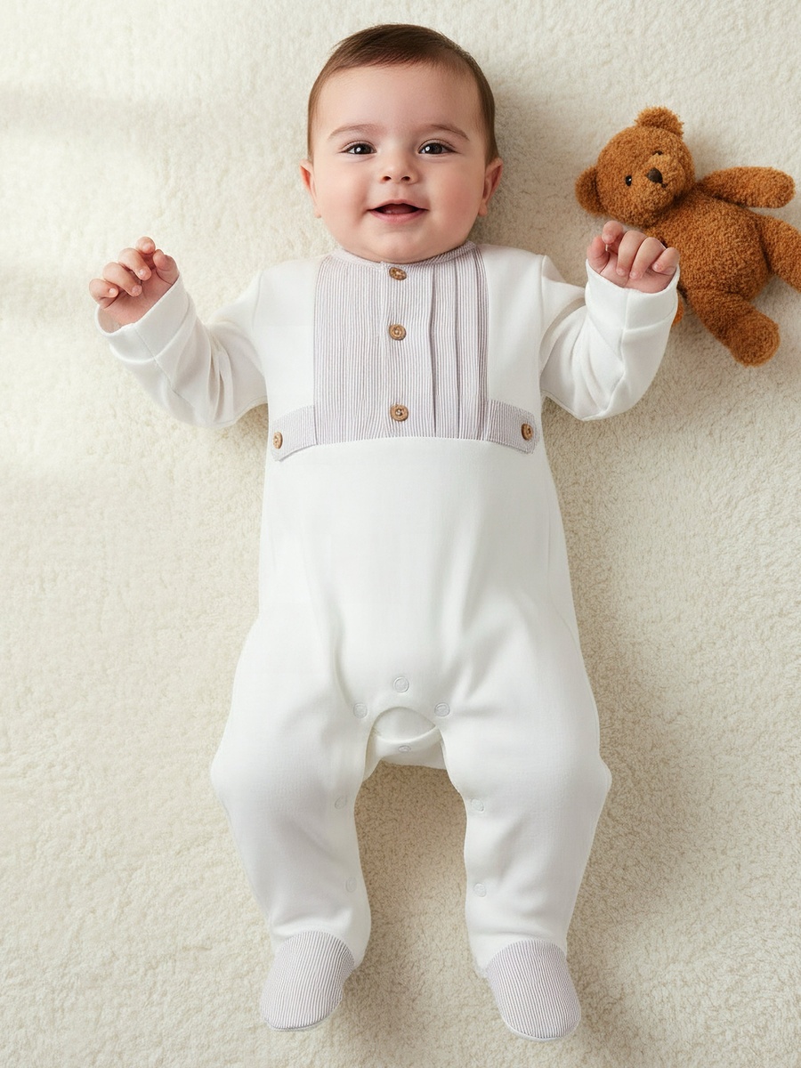 Cotton Round Neck Long Sleeves Sleepsuit with Snap Button Closure