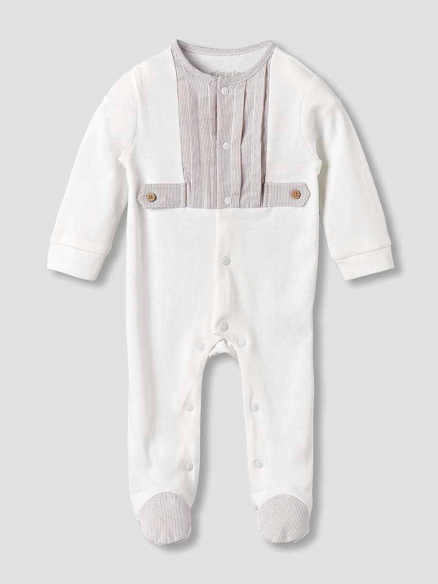 Cotton Round Neck Long Sleeves Sleepsuit with Snap Button Closure