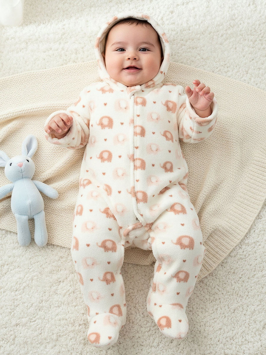 Fleece Hooded Long Sleeve Sleepsuit with Elephant Print