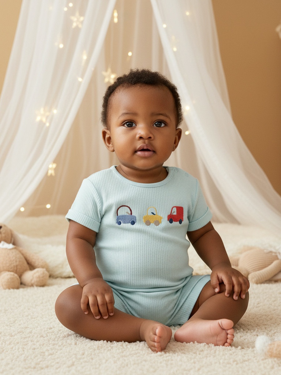 Car Print Romper with Short Sleeves - Set of 2
