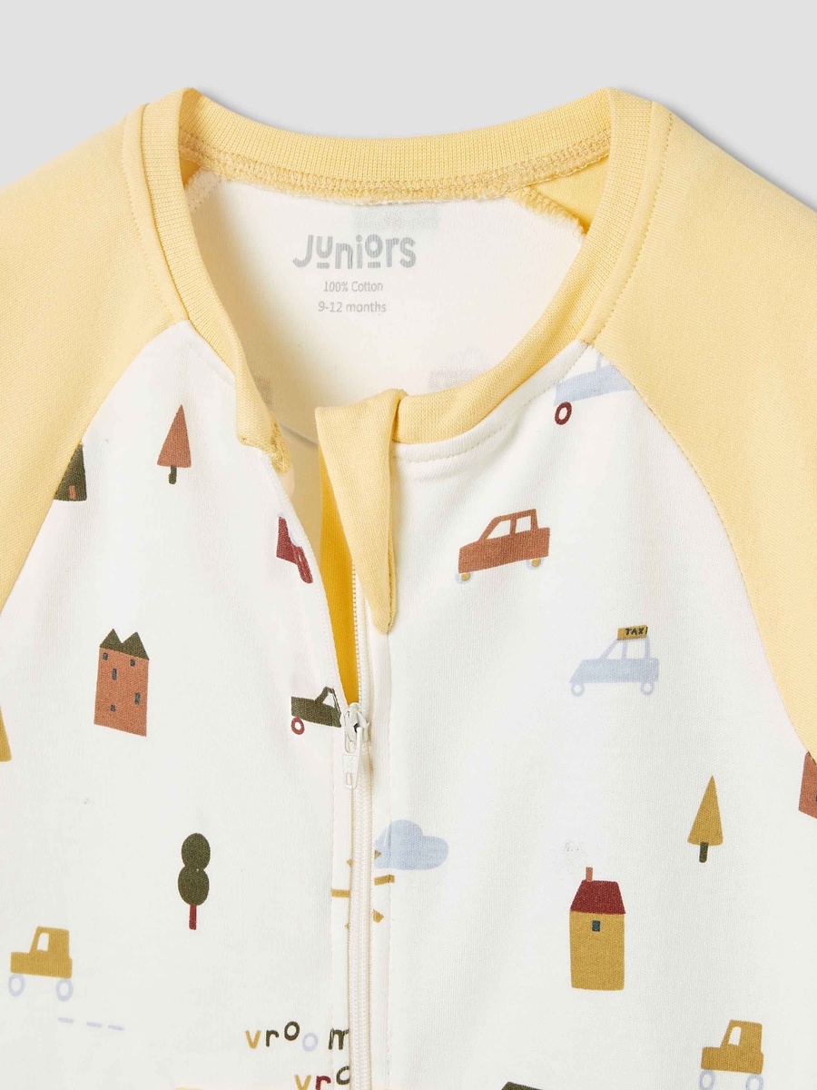 Cotton Round Neck Sleepsuit with  Zip Closure and Long Sleeves