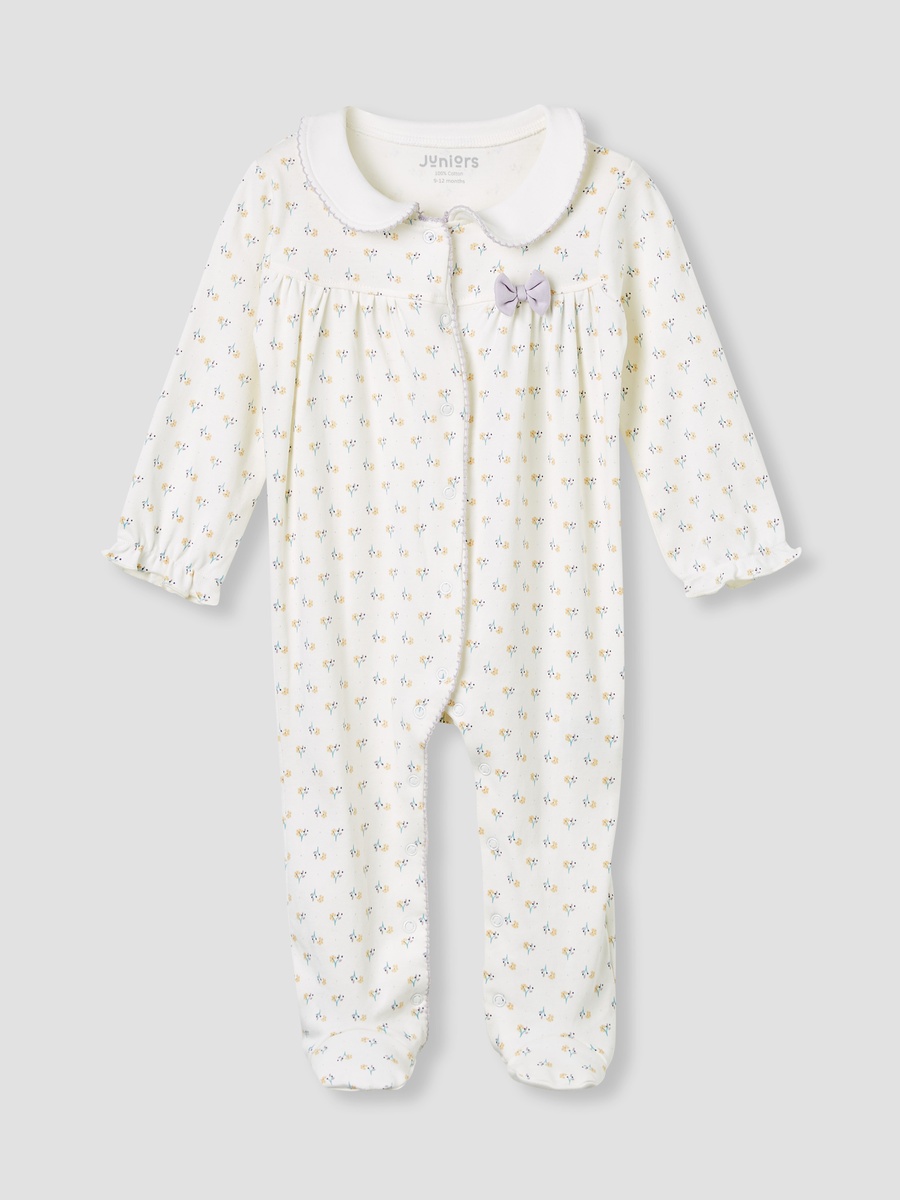 Floral Print Collared Sleepsuit with Long Sleeves